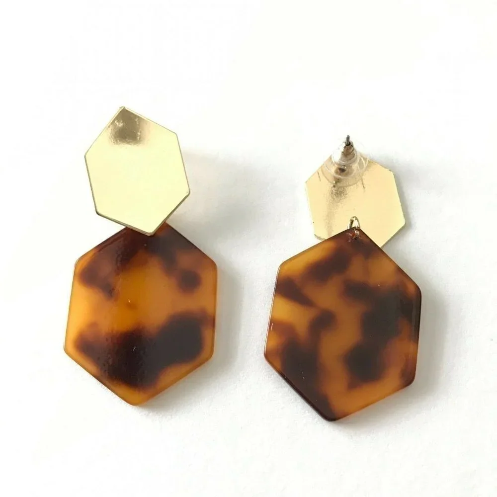 Claudette Resin Drop‎ Earrings Gold Blond Tortoise Post Back